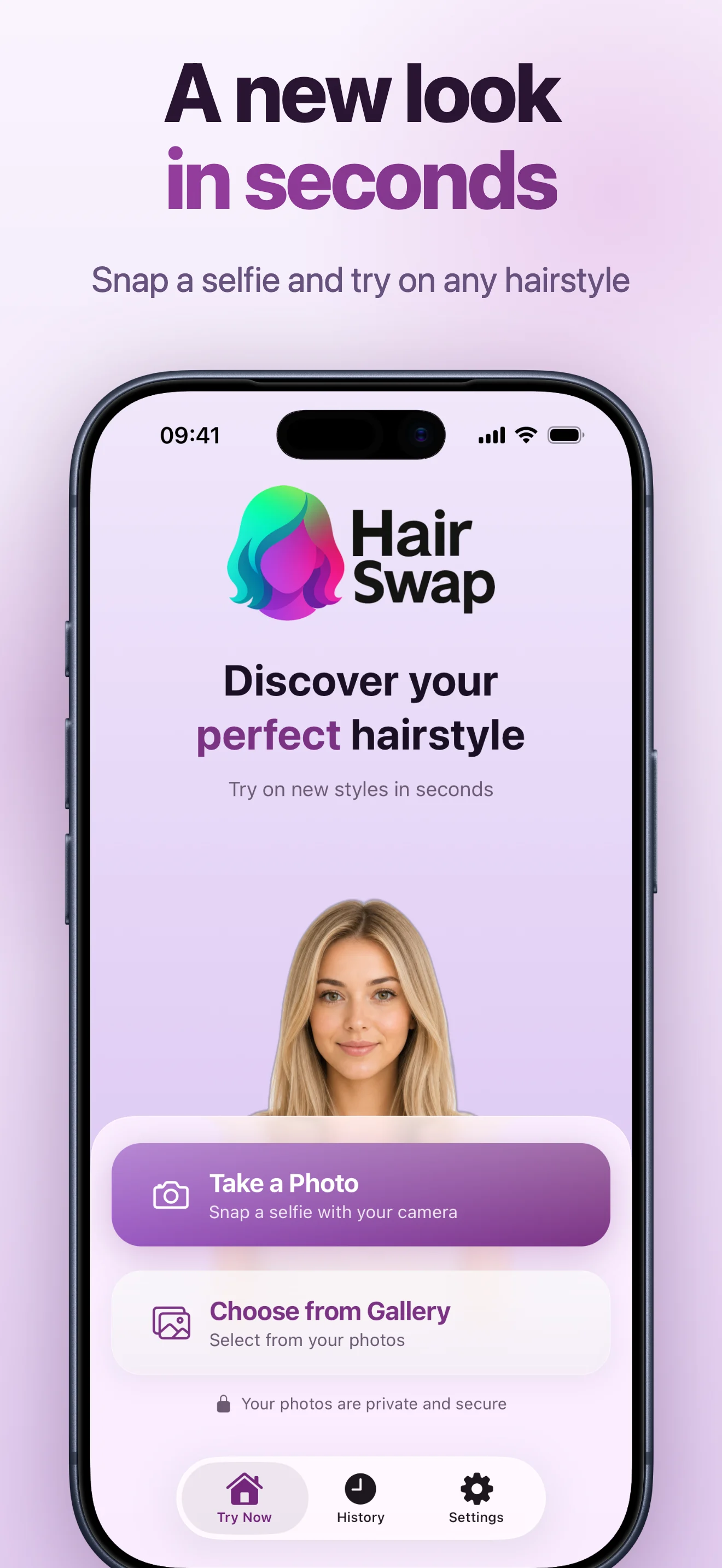 HairSwap home screen with camera and gallery options