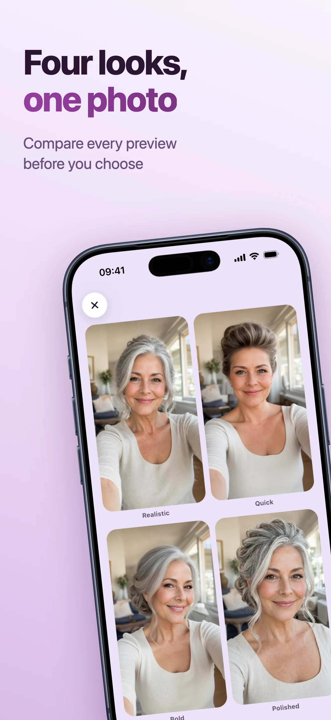 Four hairstyle previews compared inside the HairSwap app