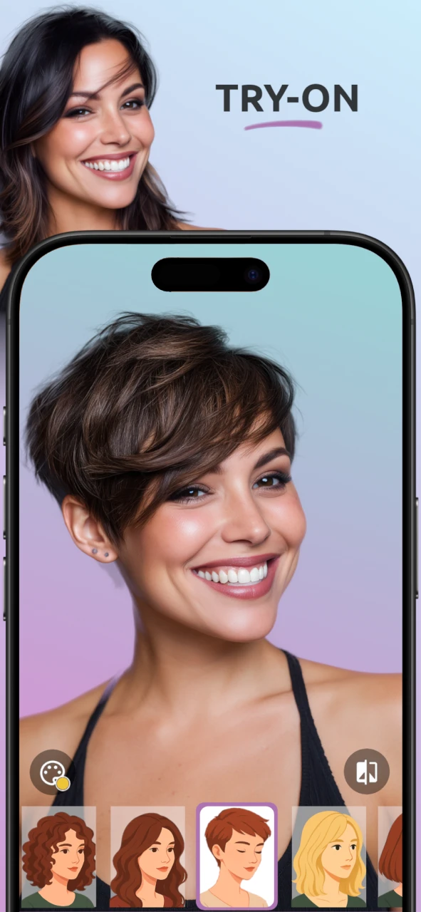iOS screenshot: Try on medium to pixie cut